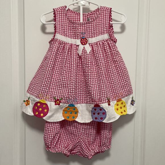 Youngland Other - Youngland Seersucker Gingham Ladybug dress and bubble bottoms Size 12M
